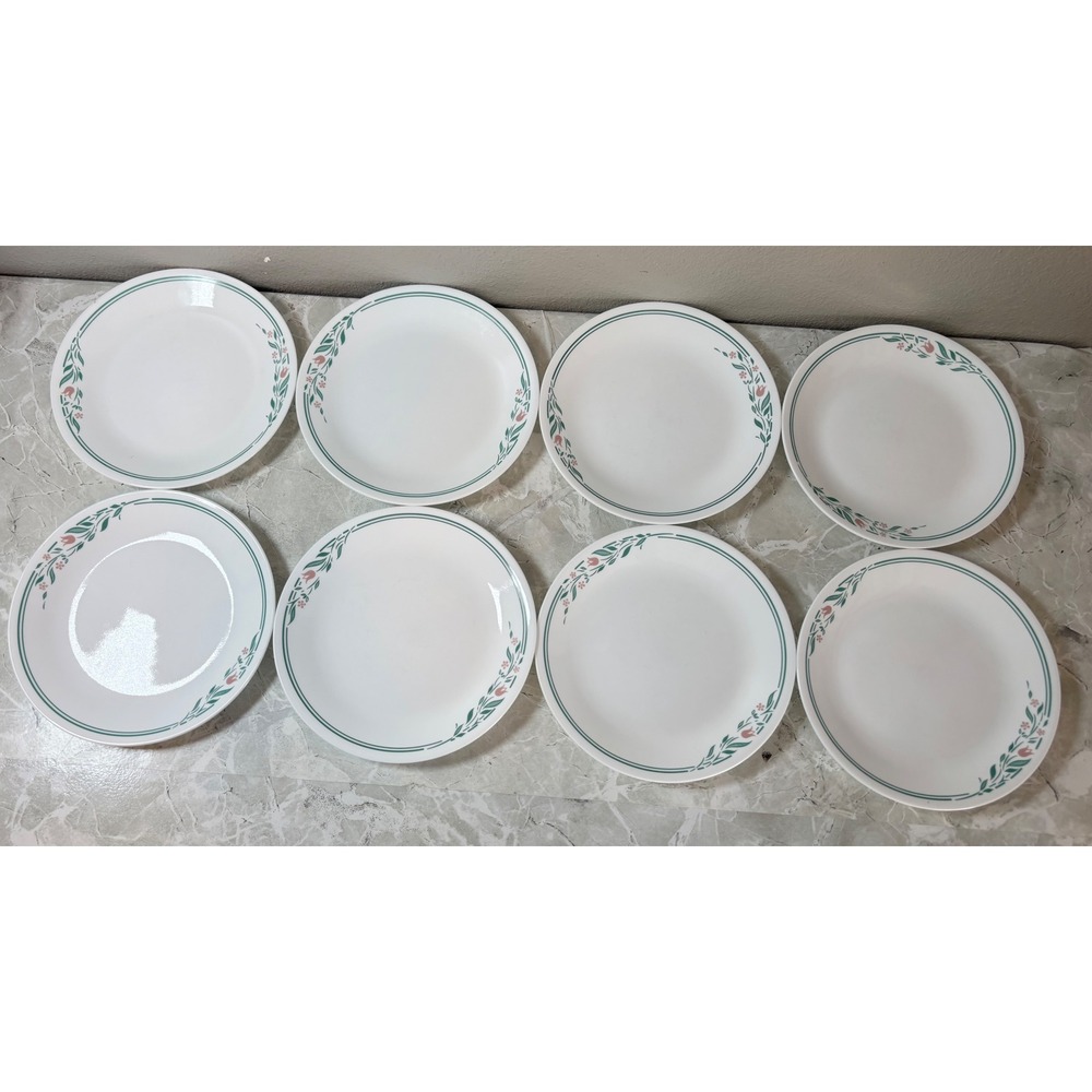 Corelle English Breakfast Dinner Plates Set of 8 Pink Tulip Green Leaf 8.5 Inch